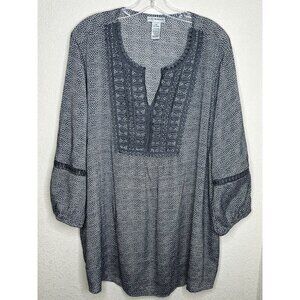Catherines Top Womens 2X Gray White Polka Dot Crochet Boho Popover Lightweight